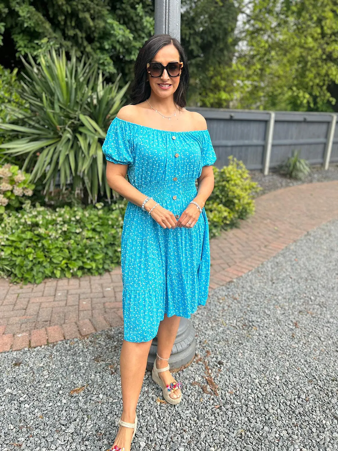 Aqua Ditsy Floral Button Dress Davina