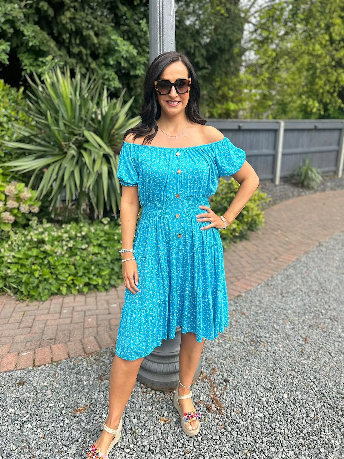 Aqua Ditsy Floral Button Dress Davina