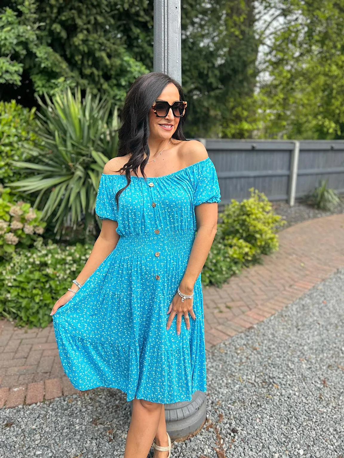 Aqua Ditsy Floral Button Dress Davina