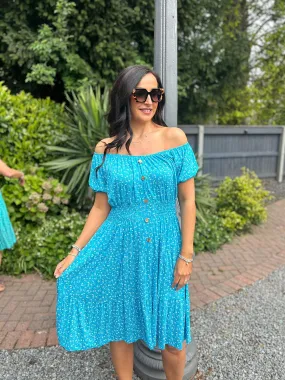 Aqua Ditsy Floral Button Dress Davina