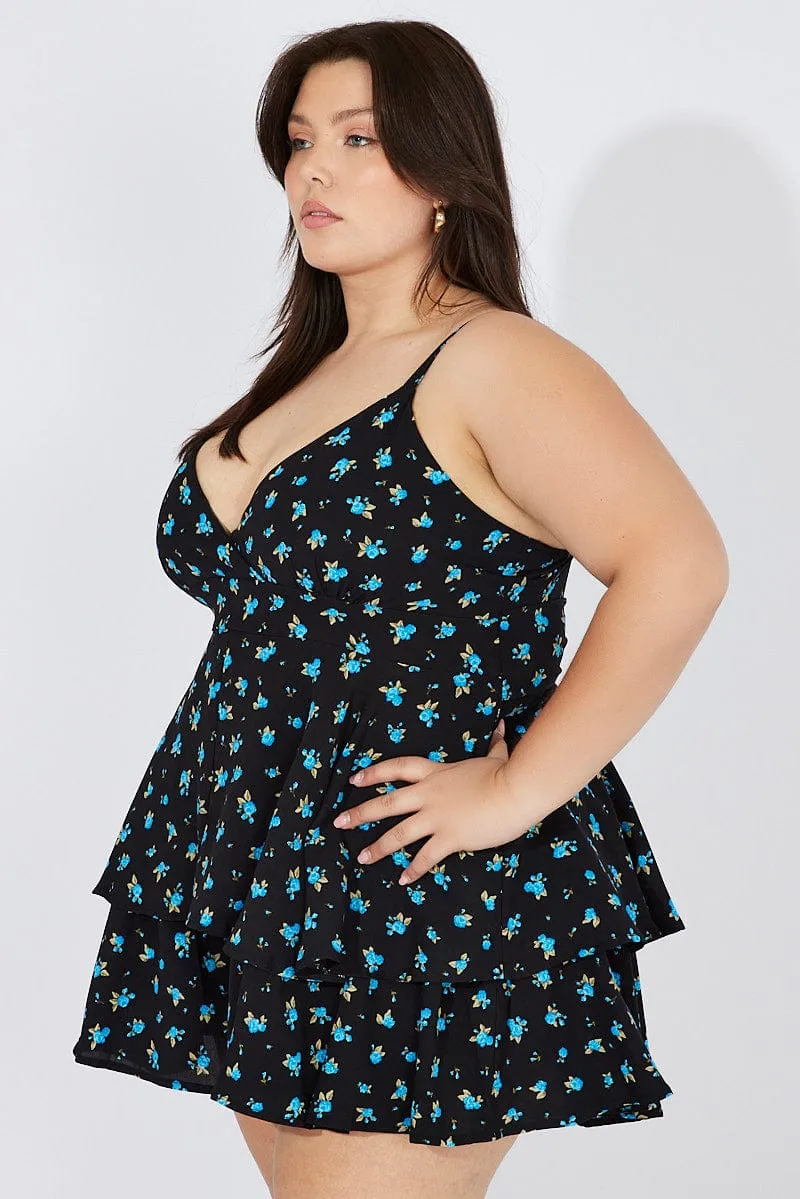 Black Ditsy Ruffle Playsuit Sleeveless Wrap Front