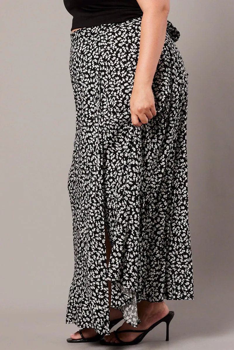 Black Ditsy Wrap Maxi Skirt