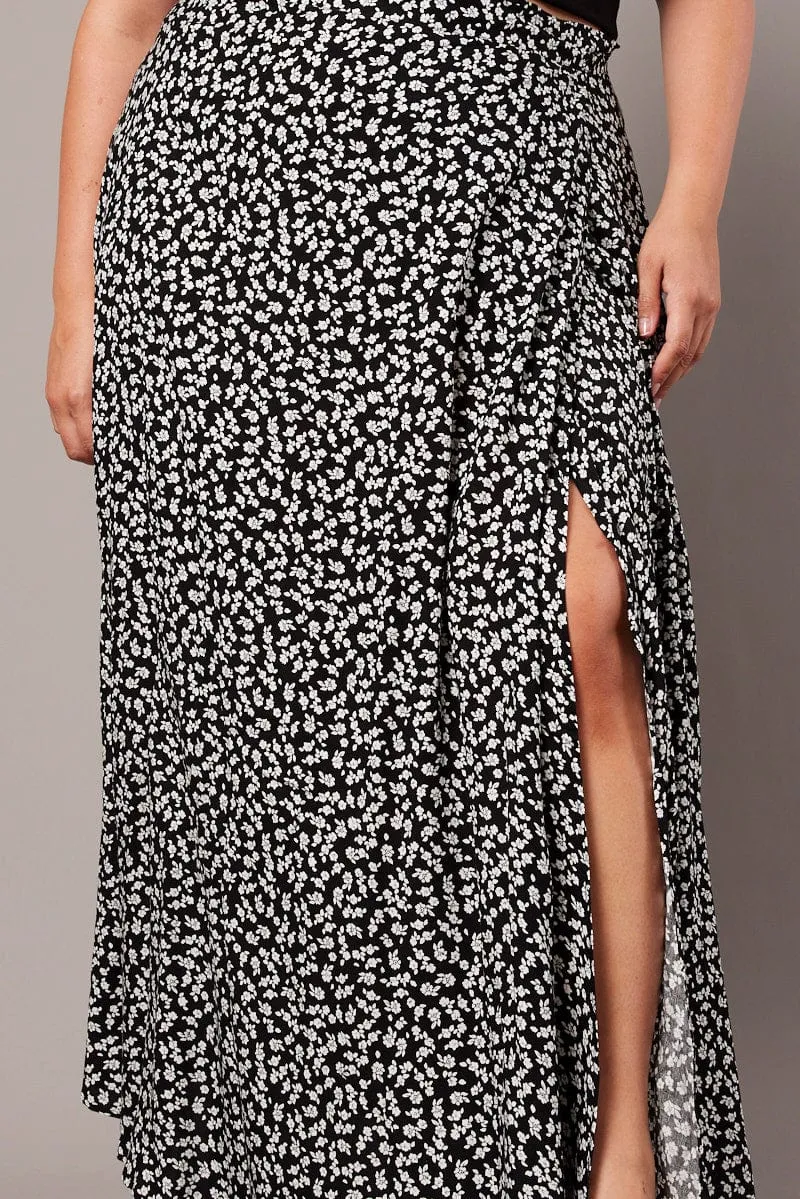 Black Ditsy Wrap Maxi Skirt