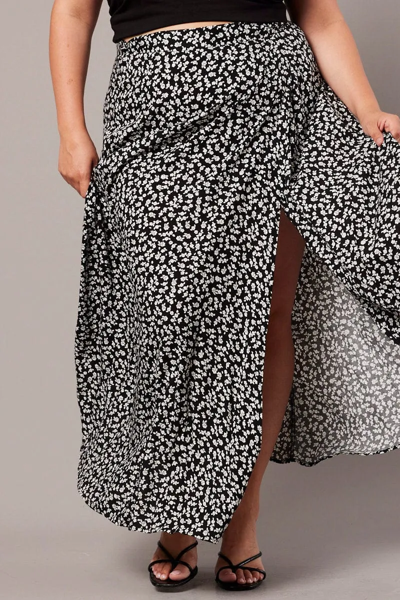 Black Ditsy Wrap Maxi Skirt