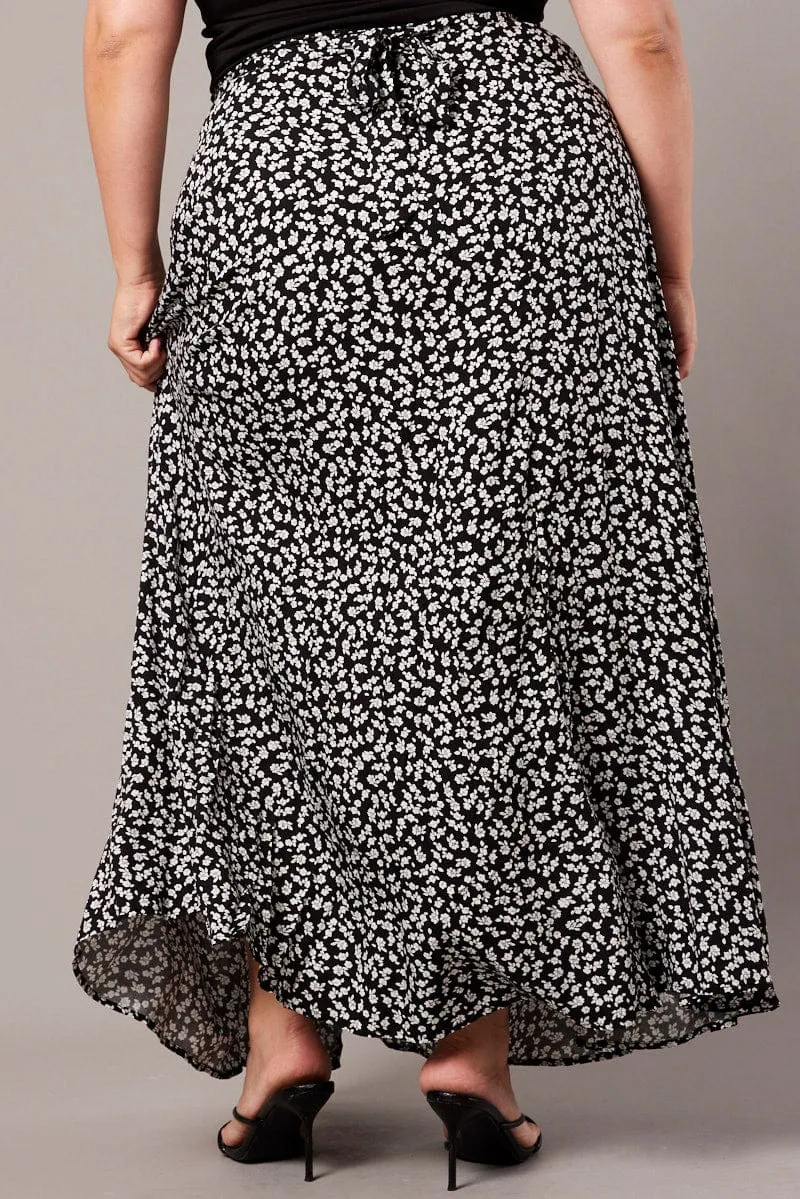 Black Ditsy Wrap Maxi Skirt