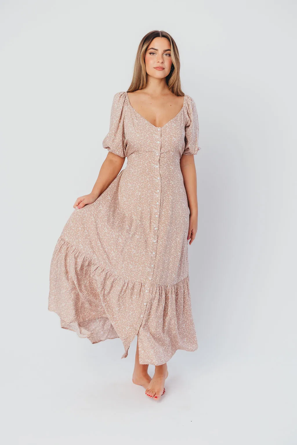 Ellington Button-Down Midi Dress with Sweetheart Neckline in Beige Floral - Nursing Friendly