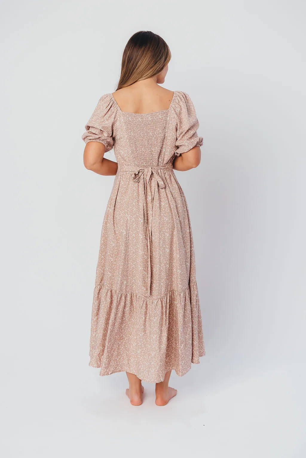 Ellington Button-Down Midi Dress with Sweetheart Neckline in Beige Floral - Nursing Friendly