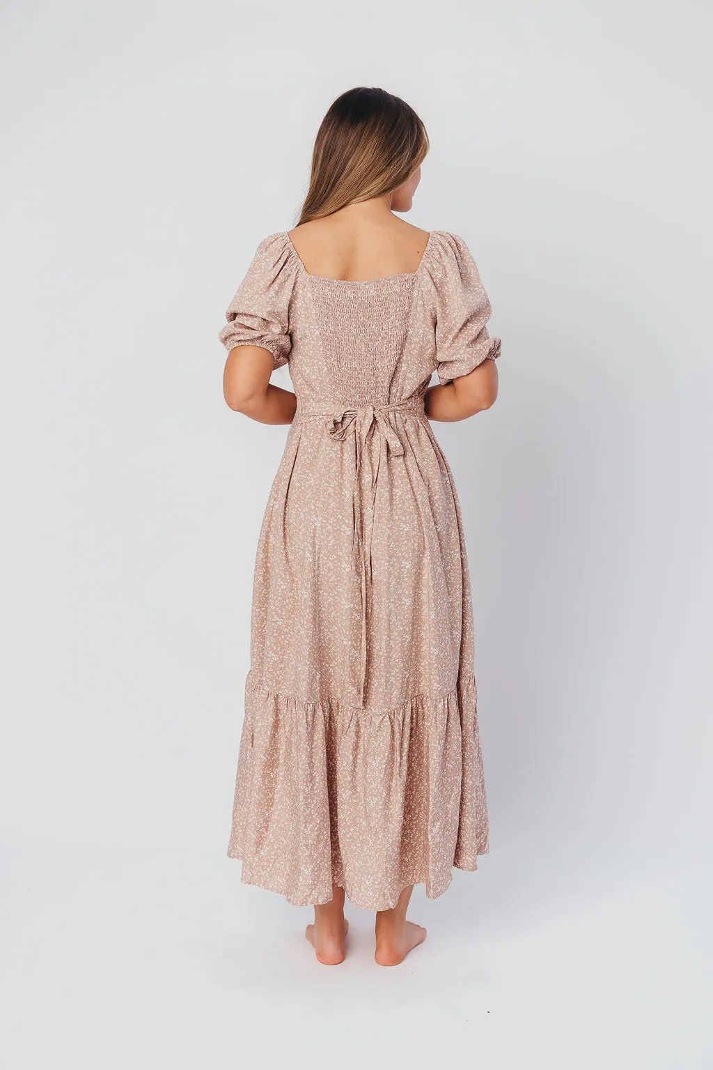 Ellington Button-Down Midi Dress with Sweetheart Neckline in Beige Floral - Nursing Friendly