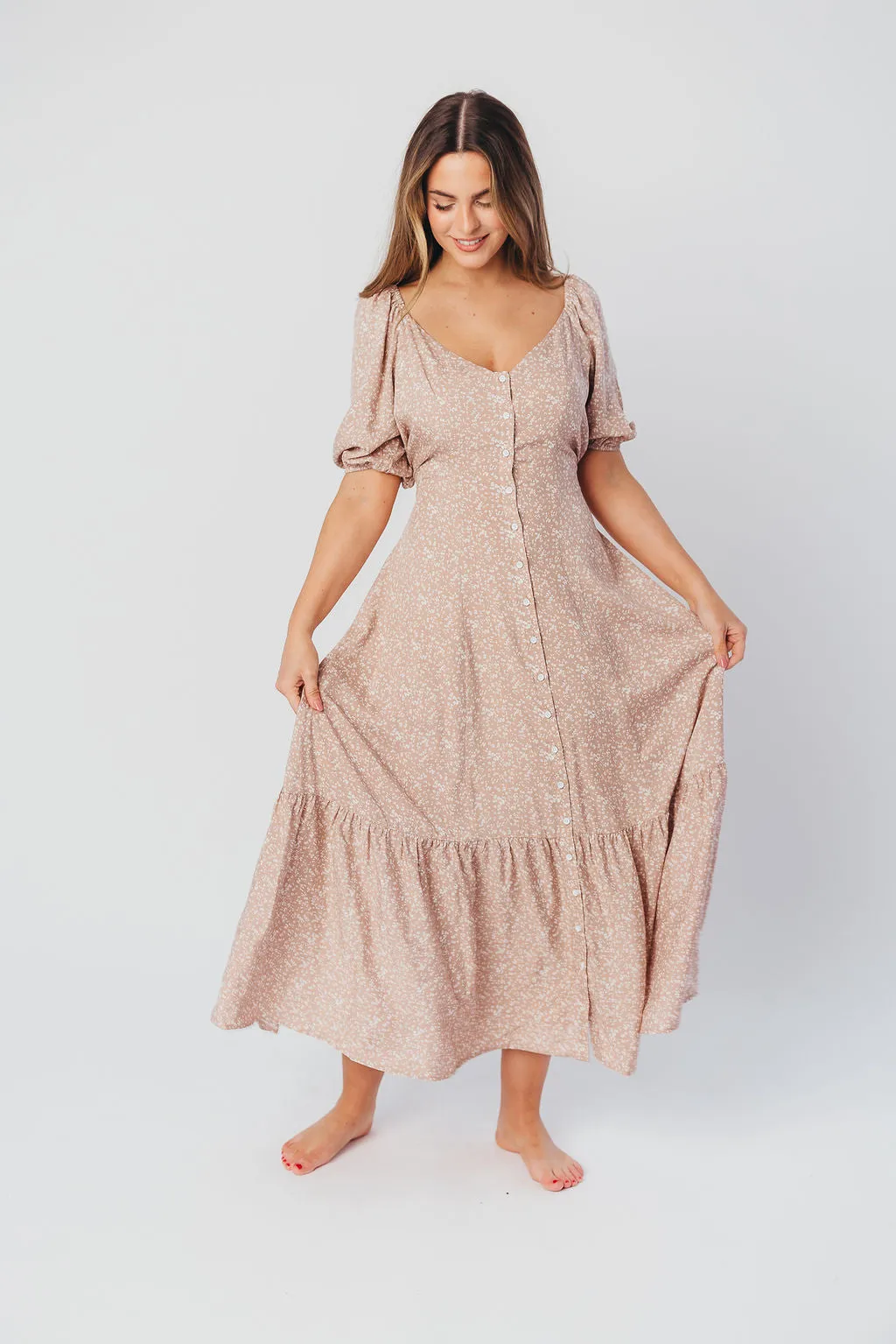 Ellington Button-Down Midi Dress with Sweetheart Neckline in Beige Floral - Nursing Friendly