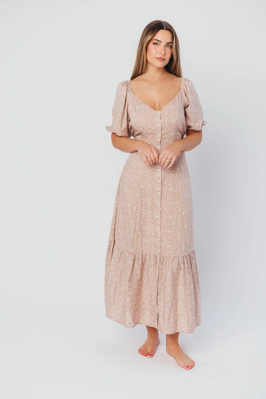 Ellington Button-Down Midi Dress with Sweetheart Neckline in Beige Floral - Nursing Friendly