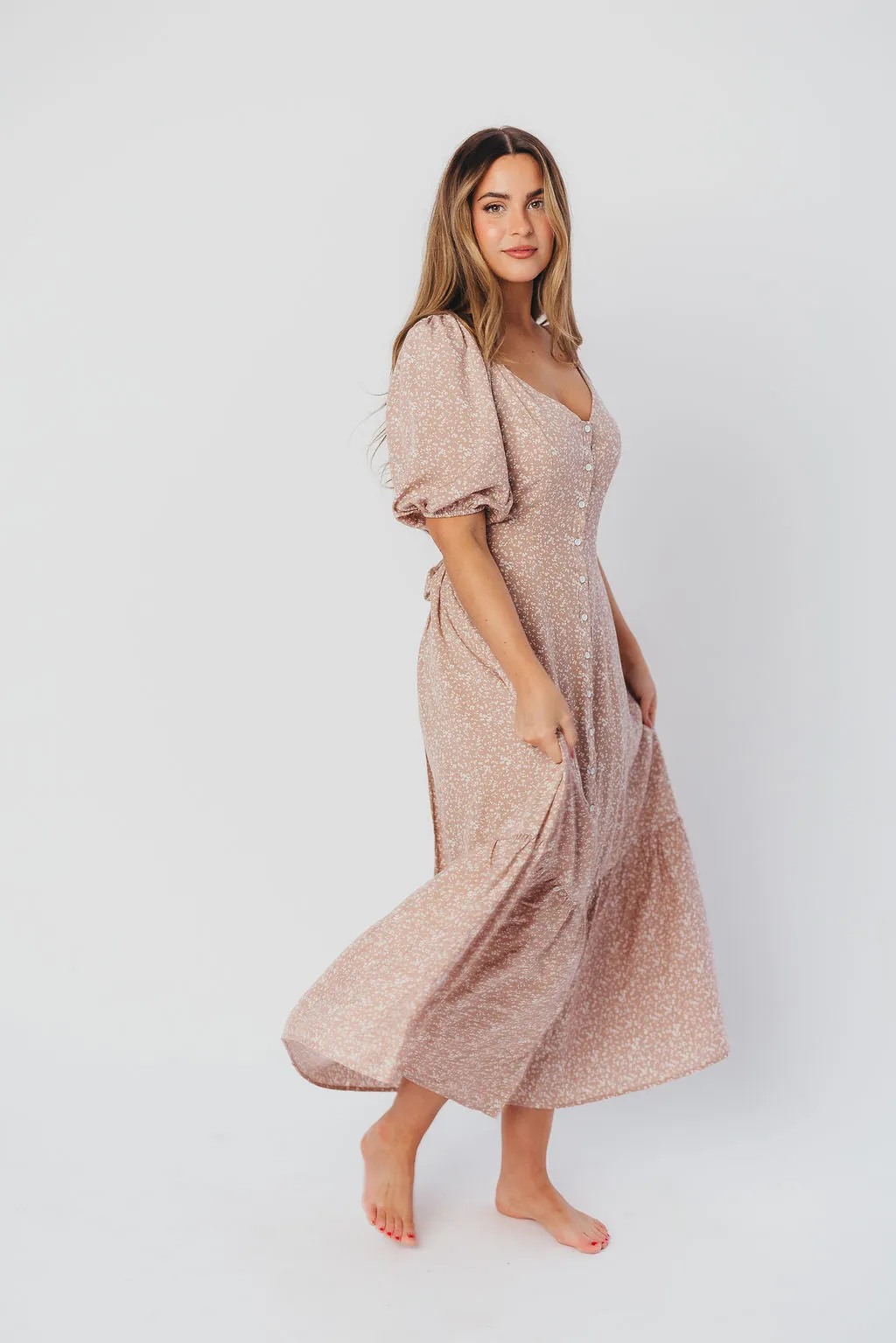 Ellington Button-Down Midi Dress with Sweetheart Neckline in Beige Floral - Nursing Friendly