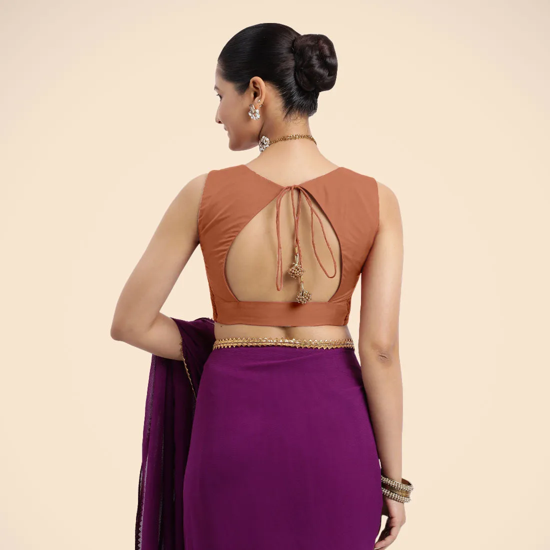 Nazia x Rozaana | Metallic Copper Sleeveless FlexiFit™ Saree Blouse with Front Open Curved V Neckline with Deep Back and Dori