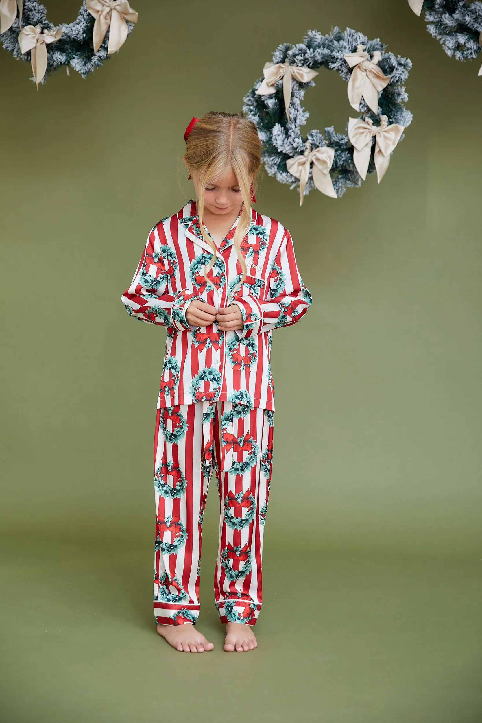 Personalised Children's Luxury Christmas Long Sleeve Pyjama Set - Stripe/Wreath