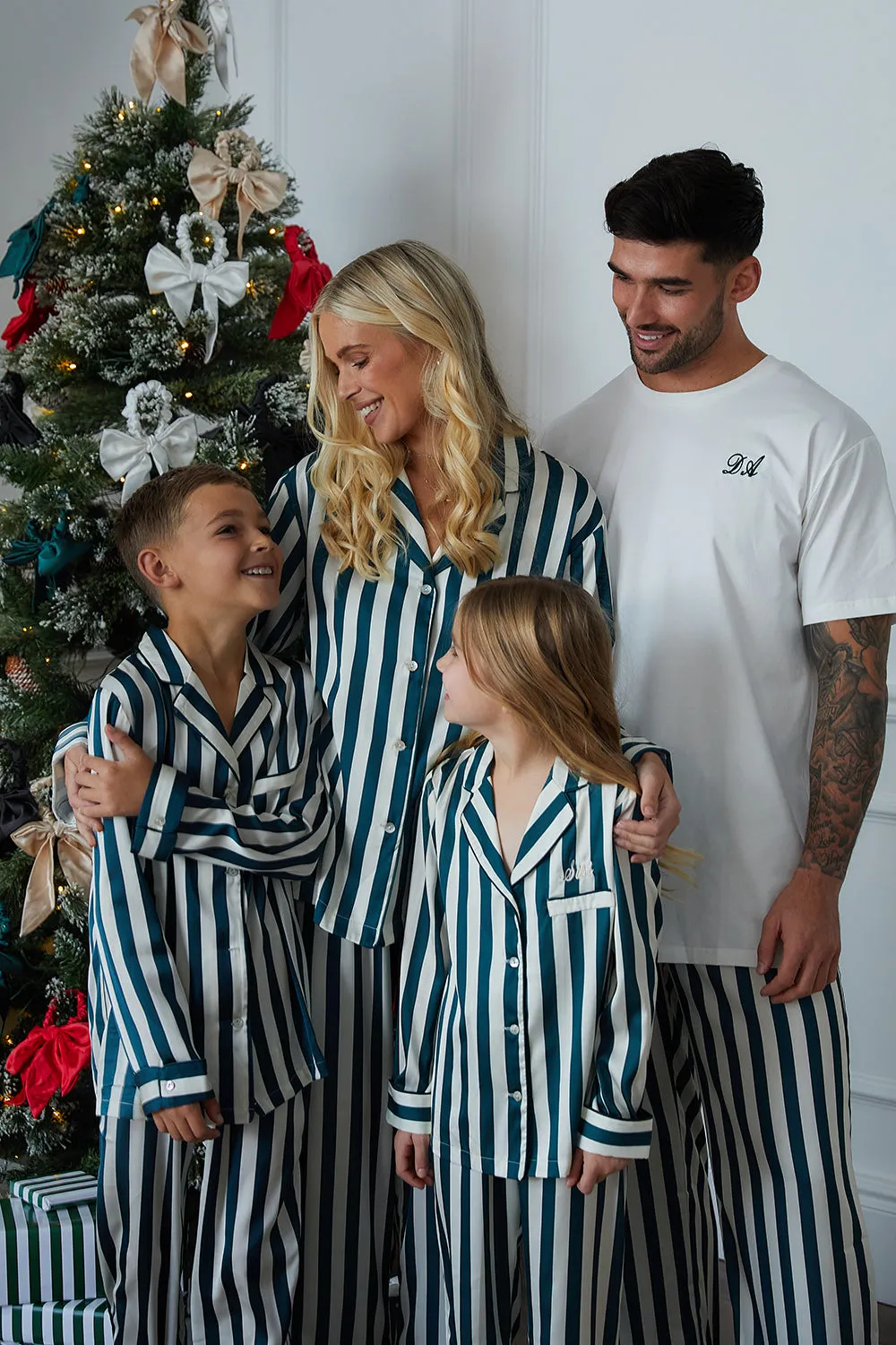 Personalised Children's Satin Stripe Long Sleeve Pyjama Set - Forest Green/Ivory