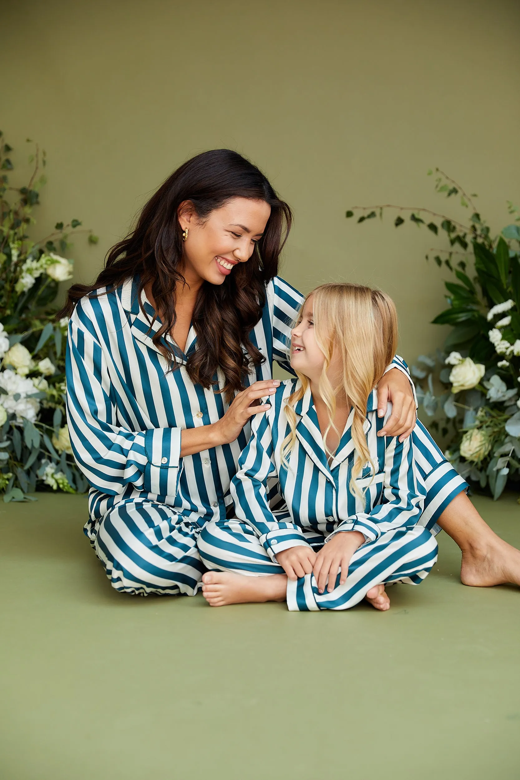 Personalised Children's Satin Stripe Long Sleeve Pyjama Set - Forest Green/Ivory