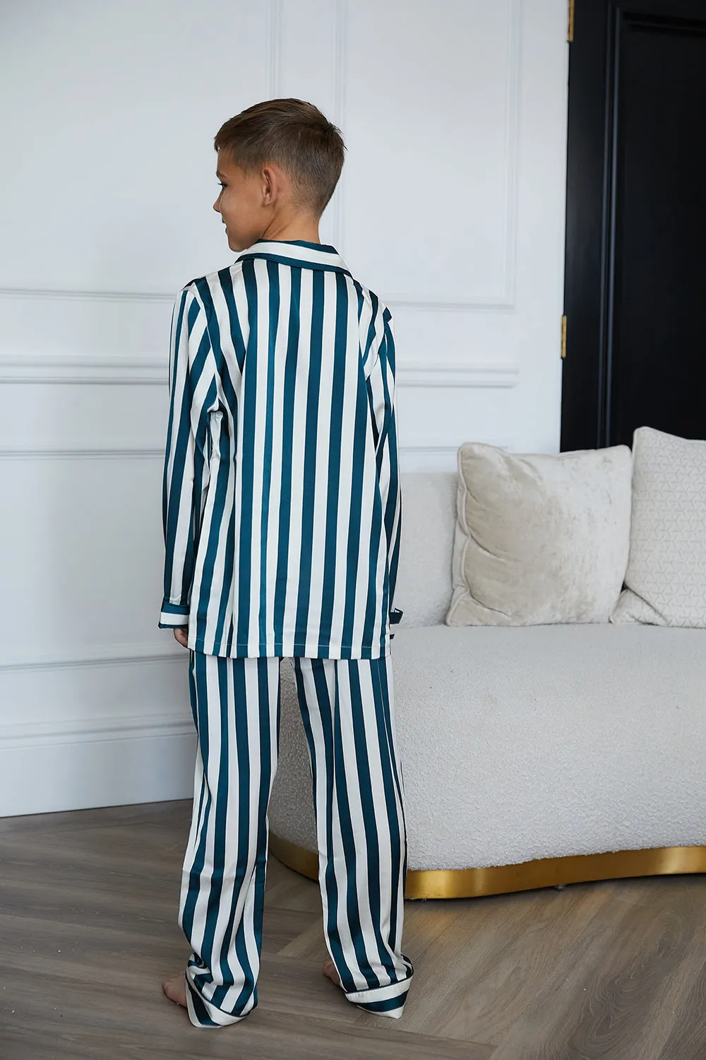 Personalised Children's Satin Stripe Long Sleeve Pyjama Set - Forest Green/Ivory