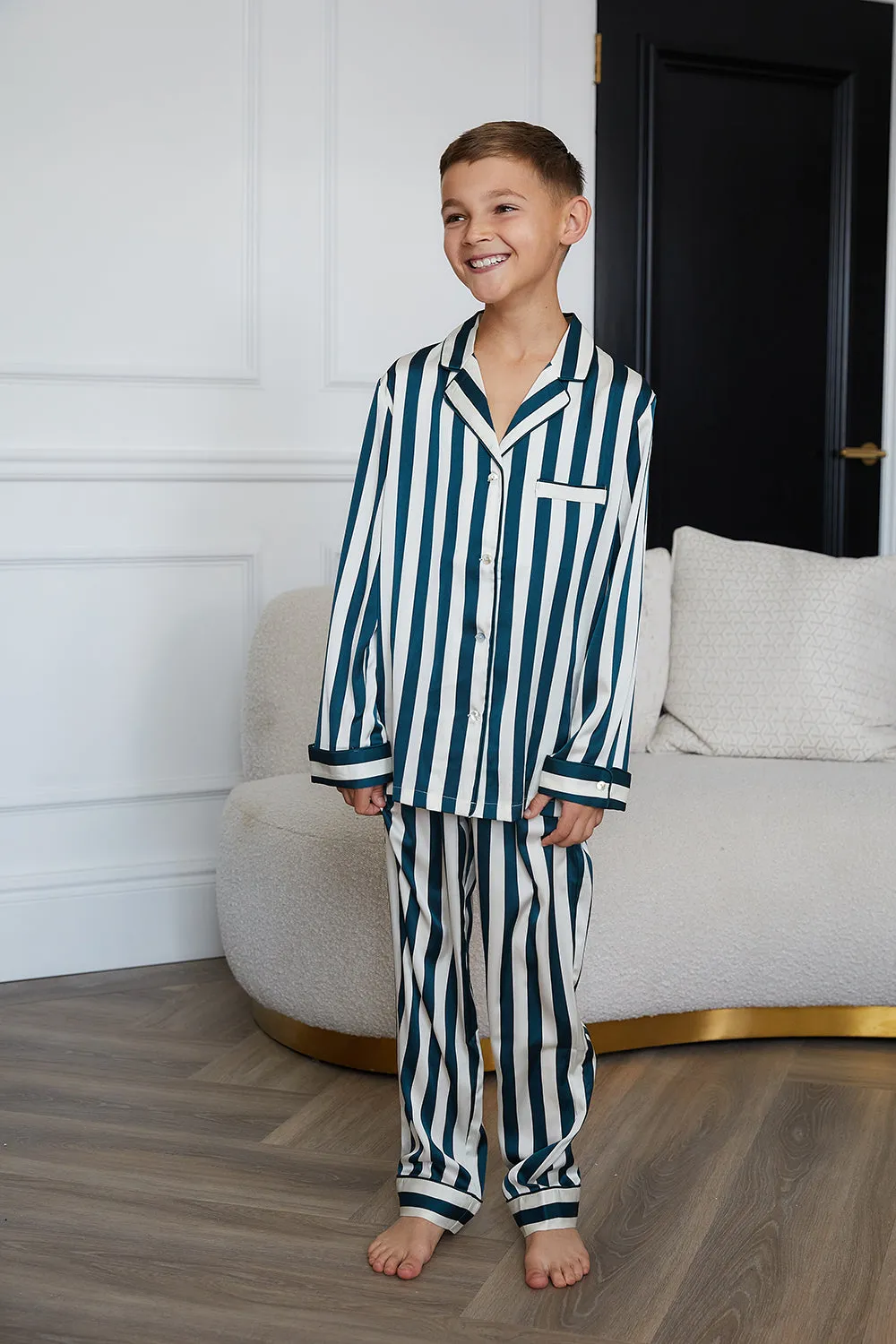 Personalised Children's Satin Stripe Long Sleeve Pyjama Set - Forest Green/Ivory