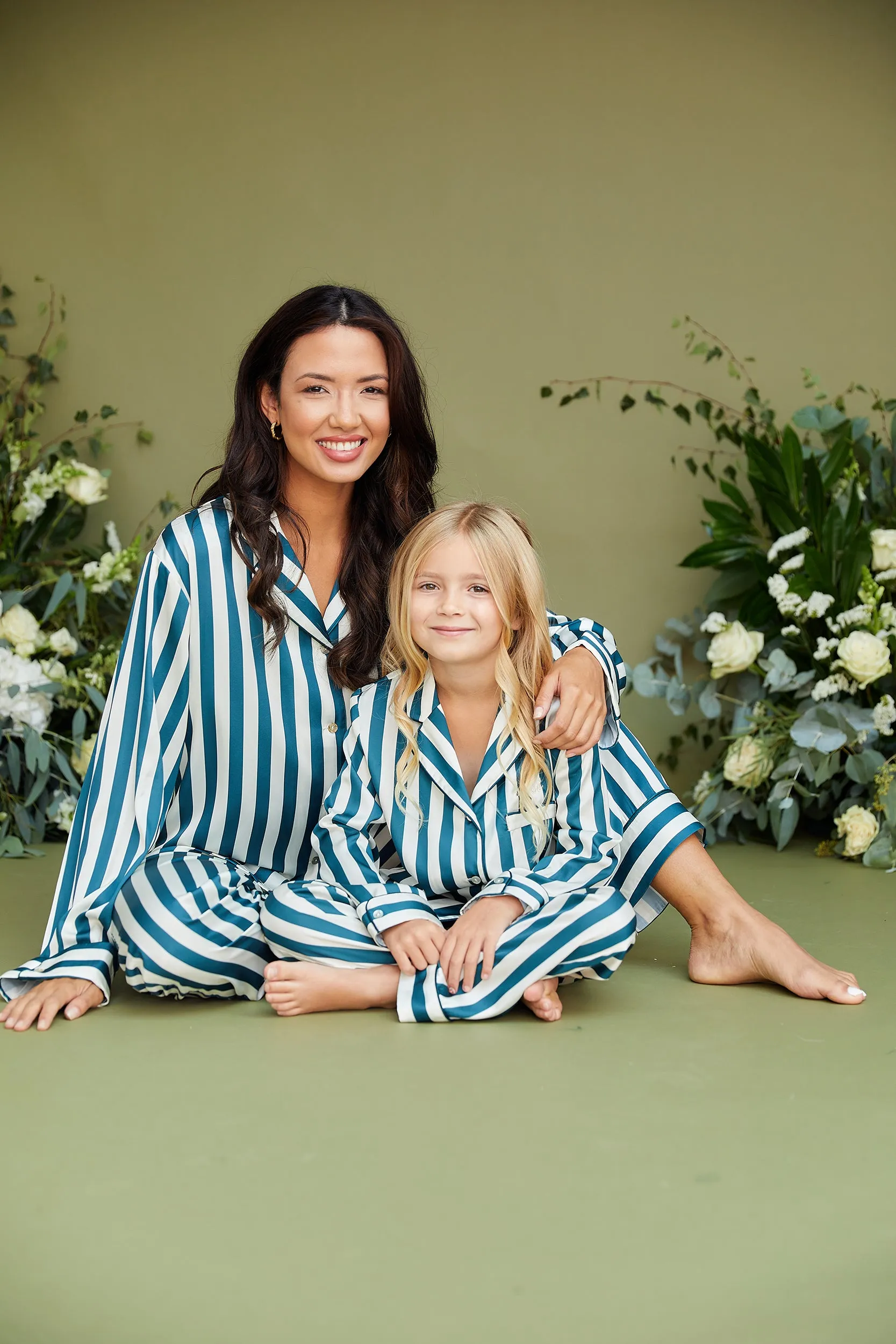 Personalised Children's Satin Stripe Long Sleeve Pyjama Set - Forest Green/Ivory