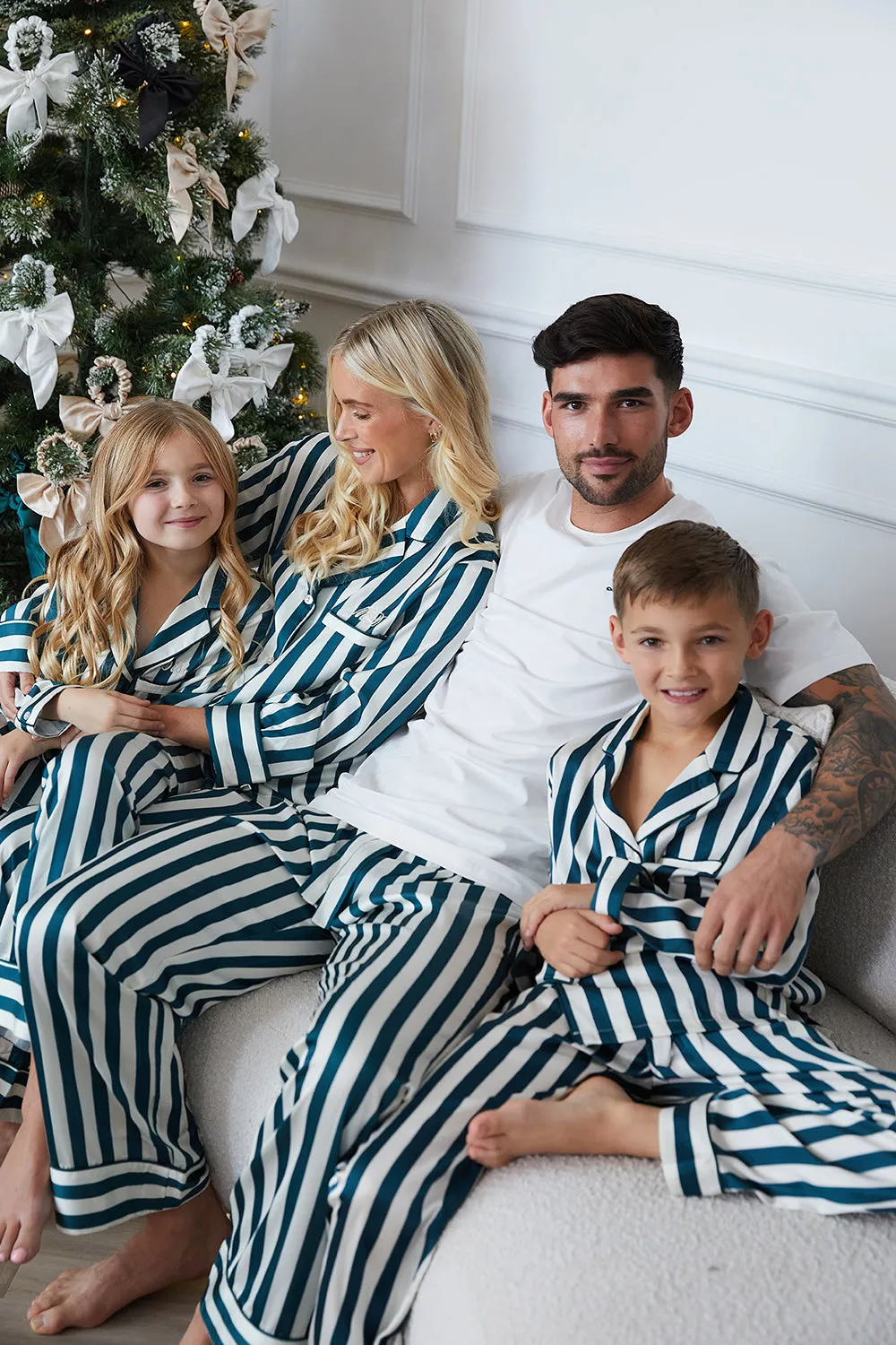 Personalised Children's Satin Stripe Long Sleeve Pyjama Set - Forest Green/Ivory