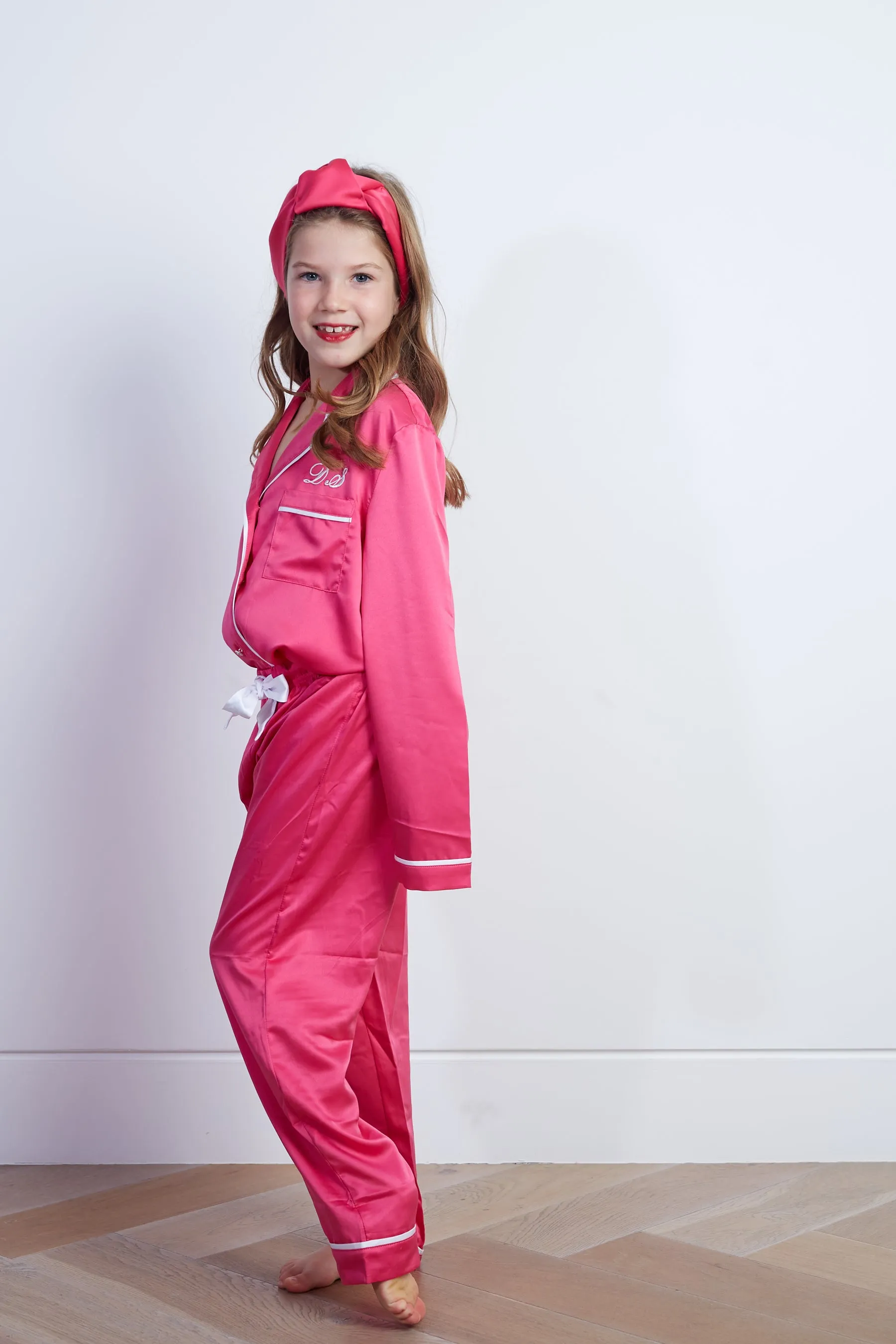 Personalised Girls Satin Long Sleeve Pyjama Set - Fuchsia