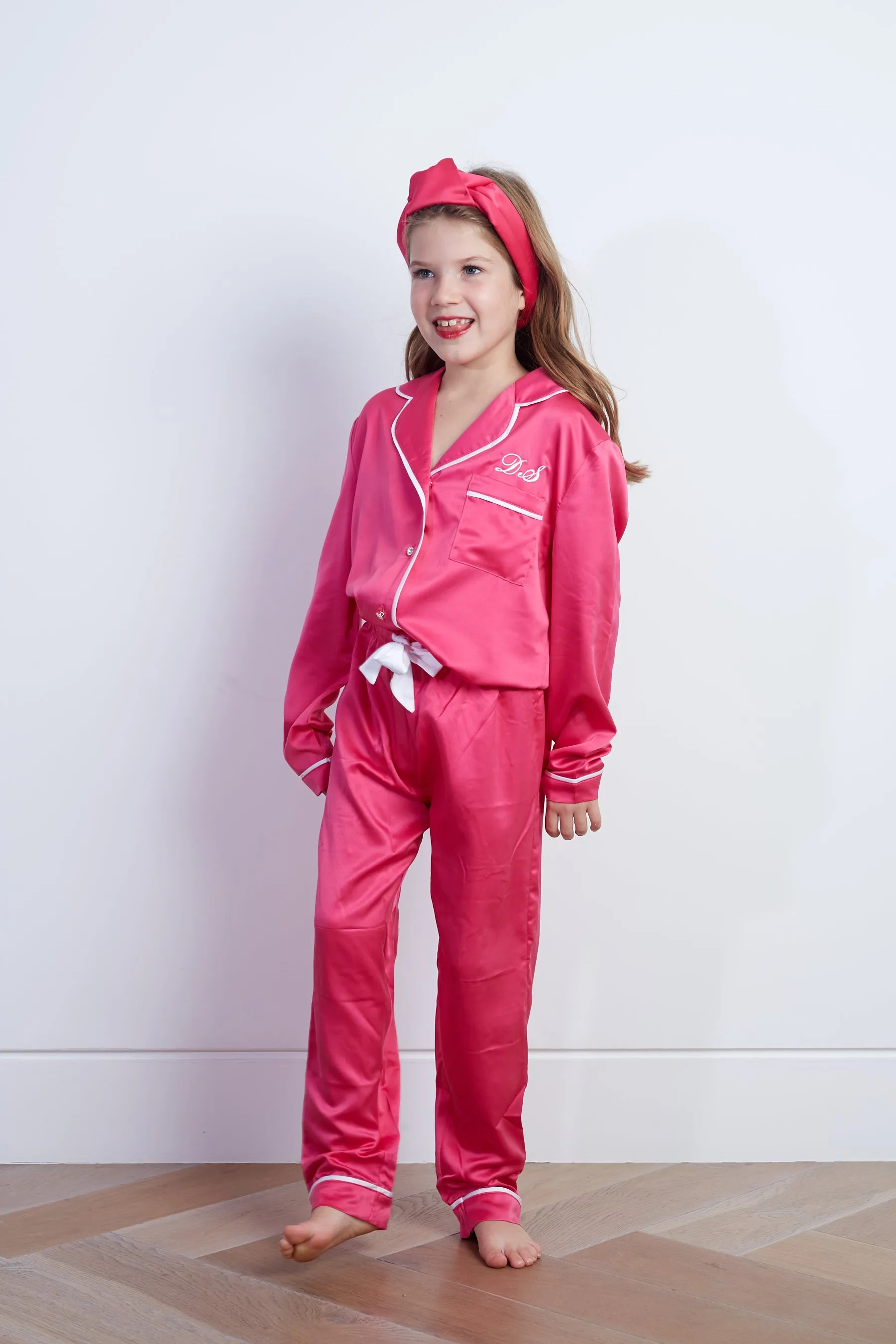 Personalised Girls Satin Long Sleeve Pyjama Set - Fuchsia