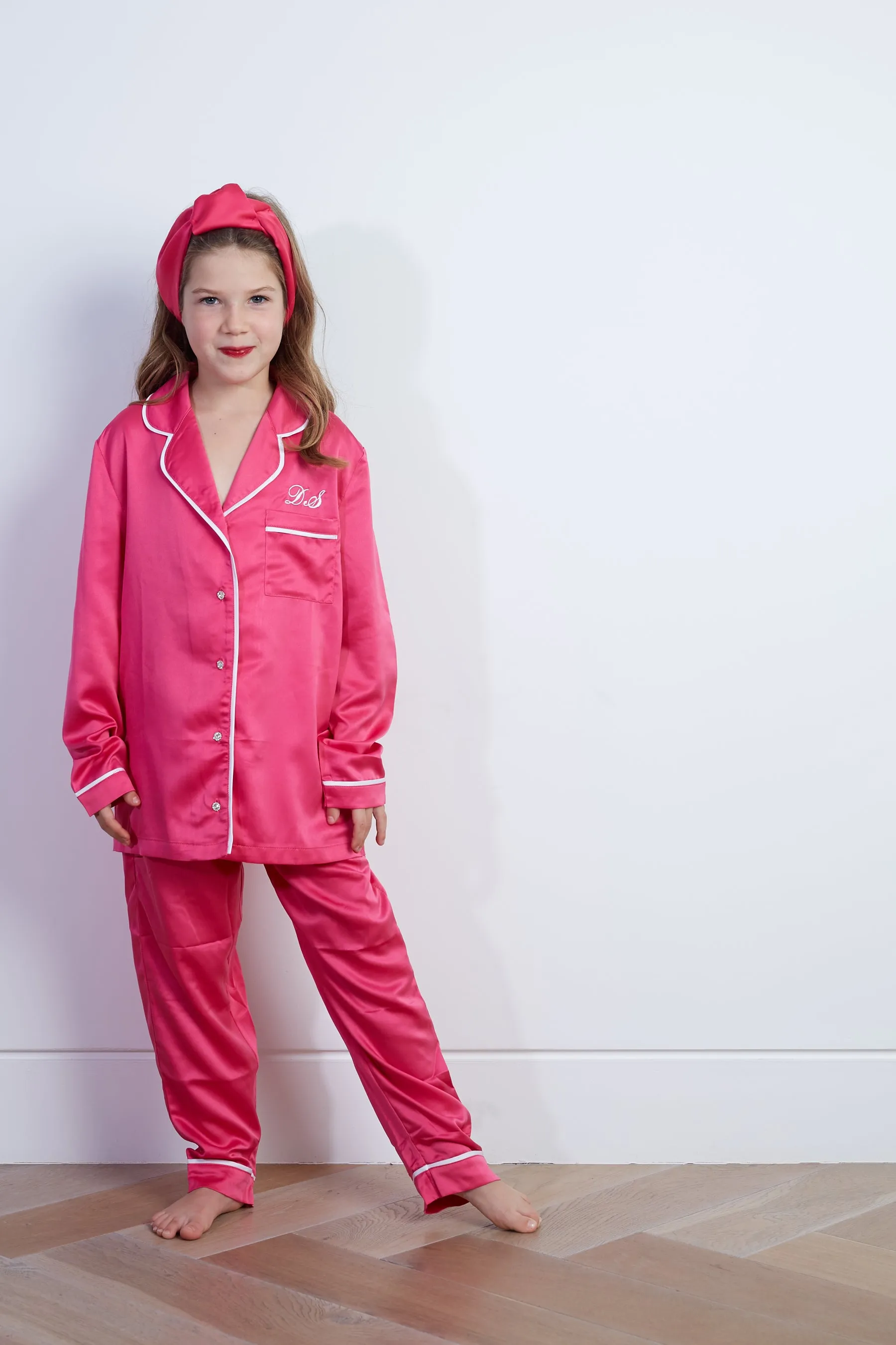 Personalised Girls Satin Long Sleeve Pyjama Set - Fuchsia