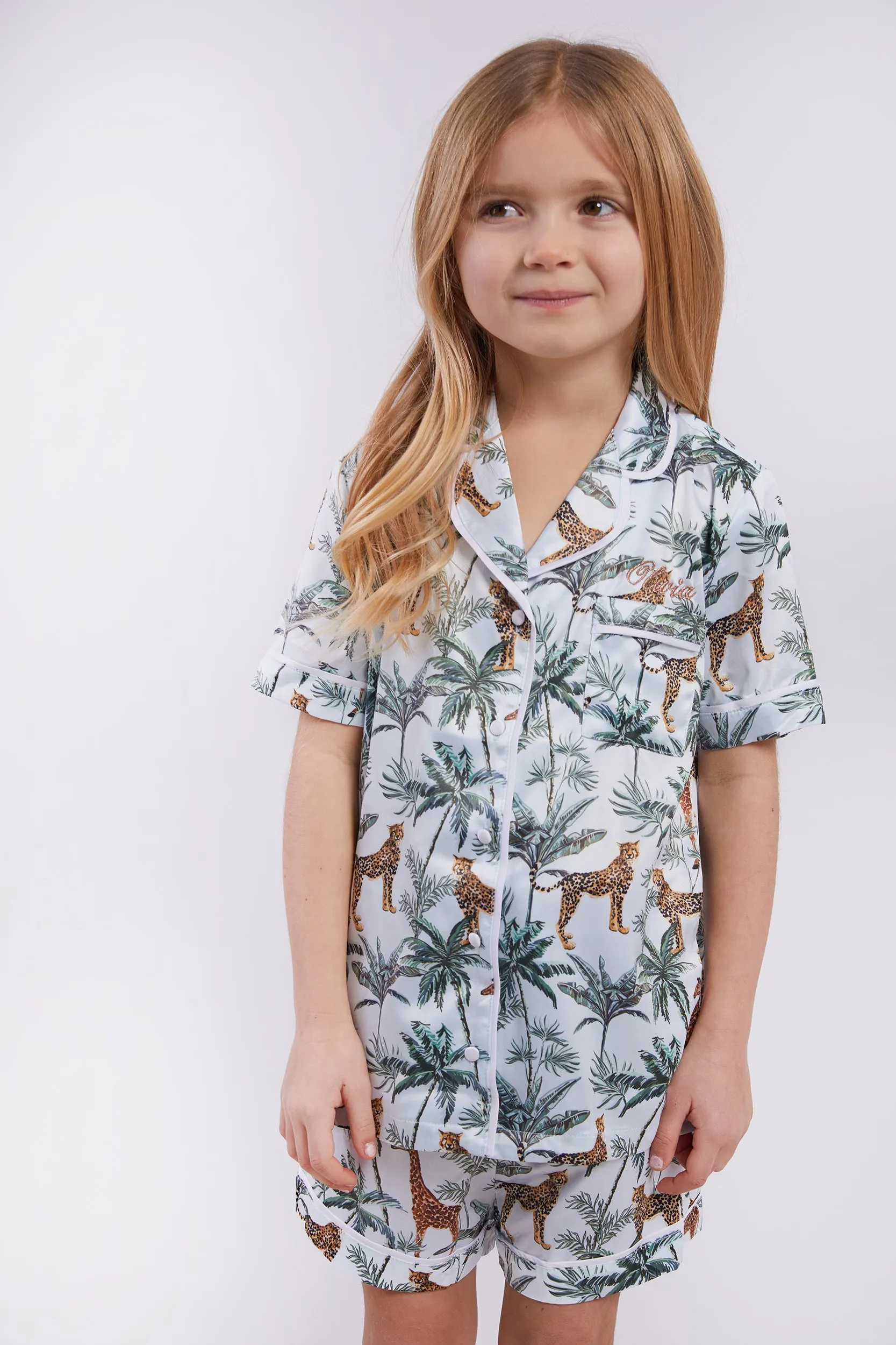 Personalised Girls Satin Short Sleeve Pyjama Set - Safari