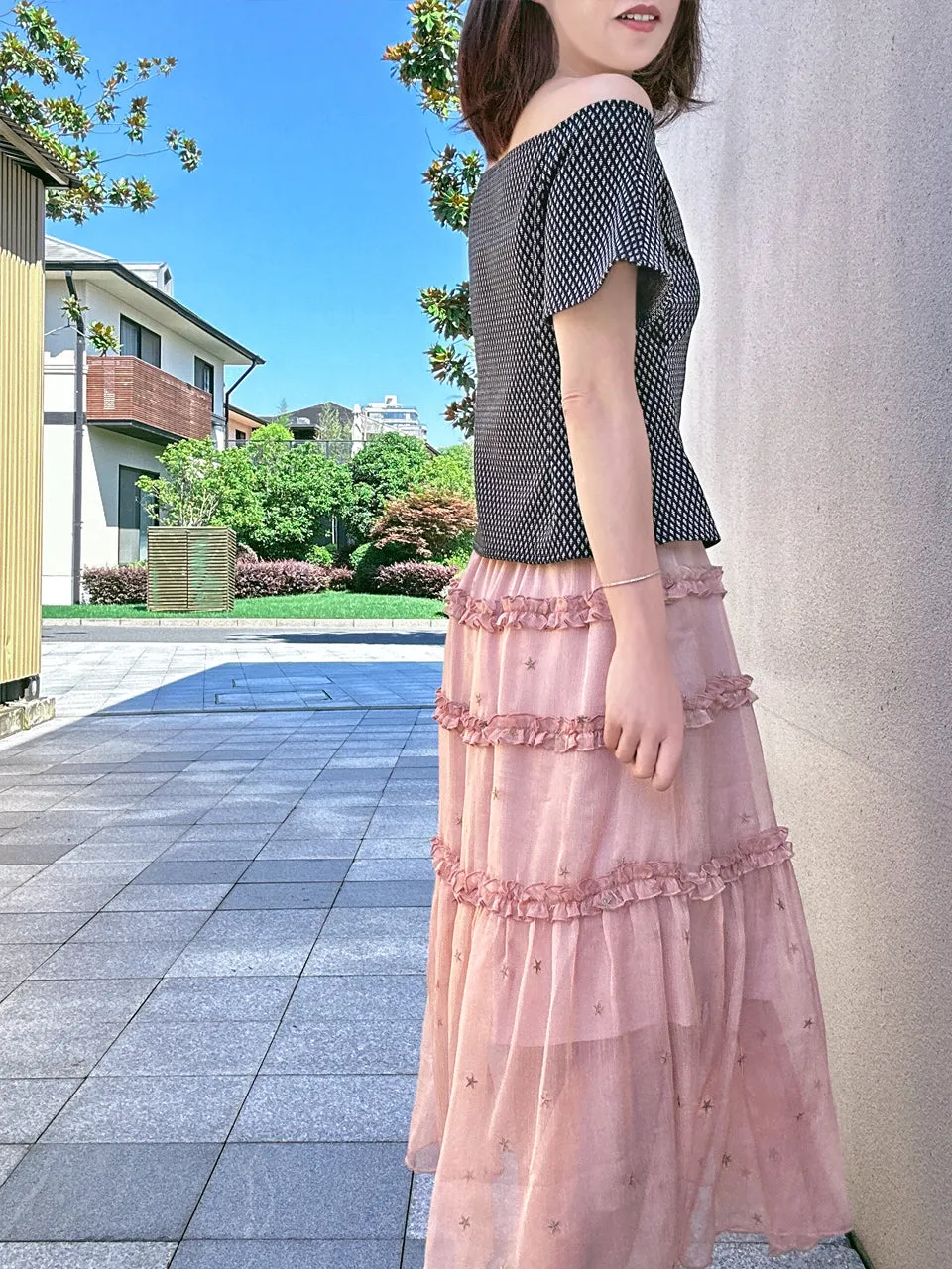 Pink Stars Ruffle Tiers Chiffon Airy Maxi Skirt