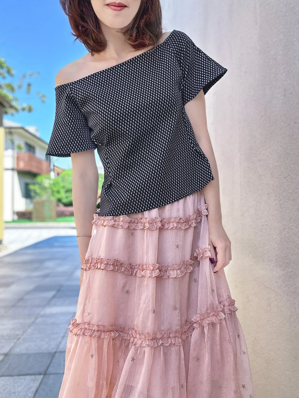 Pink Stars Ruffle Tiers Chiffon Airy Maxi Skirt